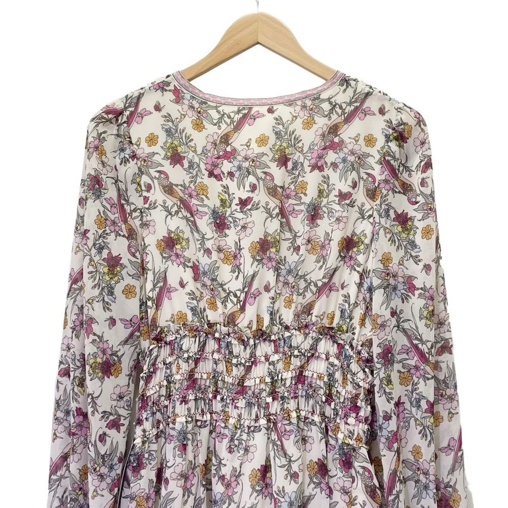 NWT Max Studio Smocked Cream Pink Floral Bird Print Mini Dress Size Medium NEW - Picture 6 of 14